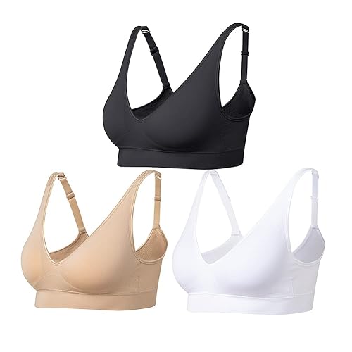 Comfyin Wireless Bras for Women Non Wired Seamless Bras with Removable Pads 3 Pack - S - Black+white+beige