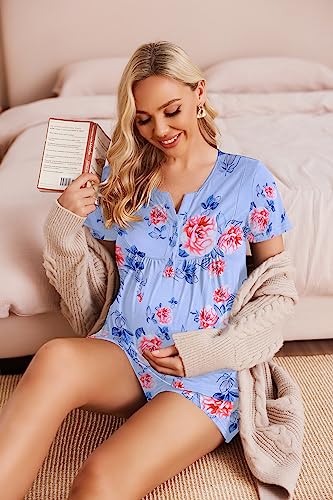 Ekouaer Maternity Nursing Pajamas Sets Short Sleeve Breastfeeding Pajamas With Jogger Pants For Hospital(Blue Floral,Medium) #TOP4