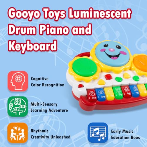 Image of Gooyo GY-88034 Musical Drum & Electronic Piano Keyboard Toy with Animals Sounds Flashings Lights & Music | Piano Keyboard Toy for Kids | Red | 3xAA Battery (Not Included) | Gift Box Packaging