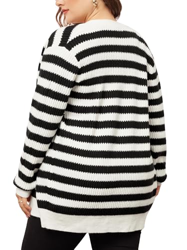 Agnes Orinda Plus Size Cardigan Sweater for Women Button Down Open Front Long Sleeve Striped Knit Cardigans Coat Winter4