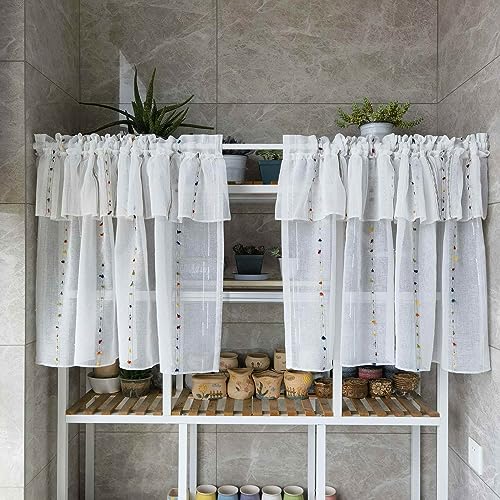 Gxi Stripes Kitchen Curtain 20 inches Length Ruffle Linen Sheer Curtain Tiers for Bathroom Rod Pocket Voile Curtain Valance Set of 2 Panels Short Curtain (2 Panels,Each W39 x L20 inch)