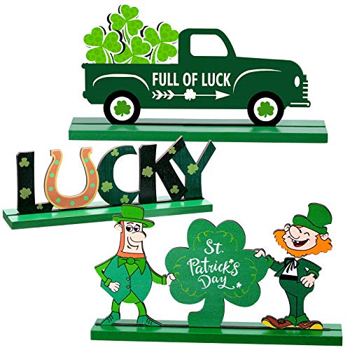 Chuangdi 3 Pcs Wooden St Patricks Day Table Decorations Shamrock Table Decor Green Truck Leprechaun Lucky Sign Table Centerpiece for Home Table Mantel Saint Patricks Day Decoration Irish Ornament