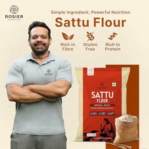 Image of ROSIER Chana Sattu Atta 1kg | Roasted Bengal Gram Flour | High Protein & High Fibre | Instant Energy Drink & Cooking Flour | Chakki Ground | Gluten-Free | No Additives