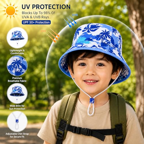 Image of VRITRAZ Unisex Kids Printed Bucket Hat | UV Protection Sun Hat with Adjustable Chin Strap & Summer Beach Travel Outdoor Cap for Toddlers & Children (4-12 Years)