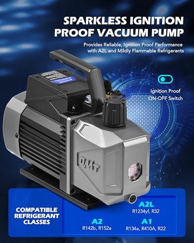 Image of Orion Motor Tech A2L AC Vacuum Pump and Gauge Set, 5 cfm 2 Stage Sparkless Ignition Proof Vacuum Pump for R1234yf R32 R134a R410A System, with 4 Way AC Gauges Quick Couplers Thermometer Can Taps Hoses