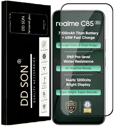 DD SON Tempered Glass Screen Protector Compatible for Realme C85 5G (6.8 Inch, Pack of 1) with Edge to Edge Coverage and Easy Installation Kit, Pack of 1, Black