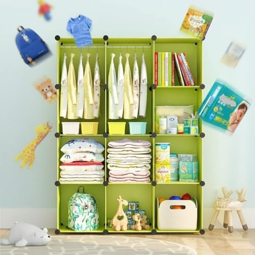 Image of KRISHYAM Kids Modular Storage Cabinet with anging Rail,12 Cube Plastic Wardrobe Organizer, DIY Closet System with Hanging Rod, Toy & Clothes Storage (Green Plain, 12 Box)
