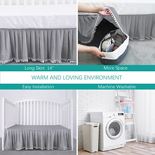 Image of Crib Skirt with Pompoms Grey, 14 inch Drop, Fits Standard Crib | 5-Sided Coverage, Pleated with Pompoms, Fade & Wrinkle Resistant, Machine Washable
