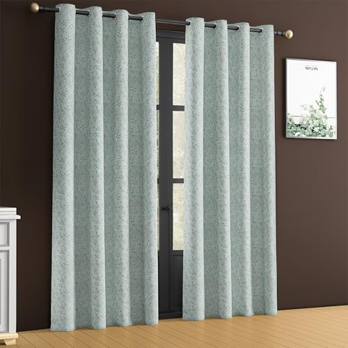 Image of Yellow Weaves 2 Pcs Jacquard Leaf Eyelet Long Door Curtain - Perfect for Home, Office, Bedroom, Living Room & Balcony - 7 Feet (Sky Blue)