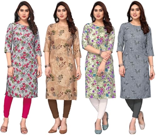Image of JAKHANA Women's Crepe Printed Casual Straight Calf Length Round Nick Kurta Pack of 4