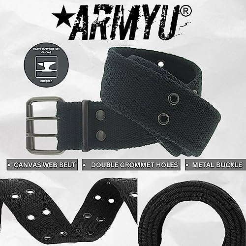 ARMYU Military Double Prong Canvas Belt, Heavy Duty Thick Cotton Army Pistol Grommet Two Hole 1.75"4