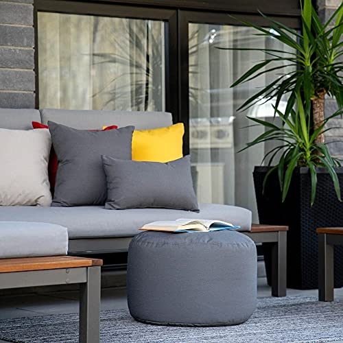 Charcoal Grey Outdoor Round Ottoman Cushion Casual Easy Going Floor Pouf Solid Sunny Color Plush Waterproof Fabric Lightweight Free Move Double Stitched Ease Year-Round Informal Off-Season Decor