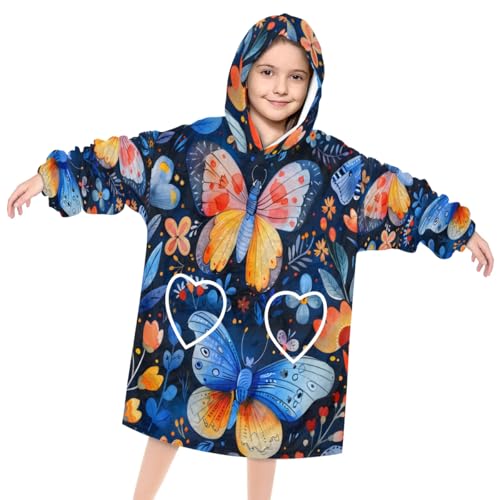 Wearable Blanket Hoodie for Kids, Frolicsome butterfly Fleece Sweatshirt Blanket Oversized Blanket Sweatshirt with Pocket Flannel Warm Hooded Blanket 6-10 Year Old Girl Boy Gift, One Size