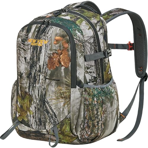 NEW VIEW Mochila de caça infantil 30 L, pacote camuflado para caça juvenil, equipamento de caça para meninos de 7 a 14 anos, tamanho 13 x 16,3 x 17,7 polegadas, Folha camuflada, Medium, Camuflagem