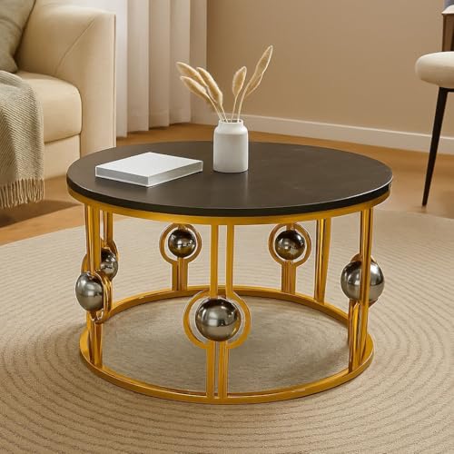 Image of Nesting Tables Made of Engineered Wood Coffee Table, Small Accent End Table, Round Sofa Side Table, Living Room, Bedroom Golden Black