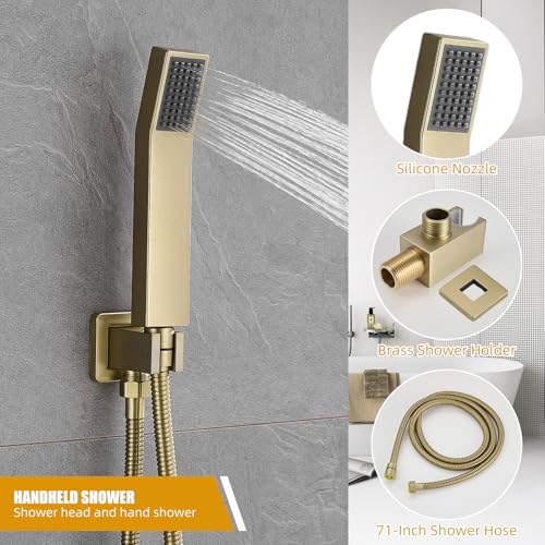 Grifo de ducha moderno con sistema de ducha lluvia de 10 pulgadas y combinación de ducha de mano, accesorios de ducha de 2 funciones con kit de revestimiento, dorado cepillado miniatura 4
