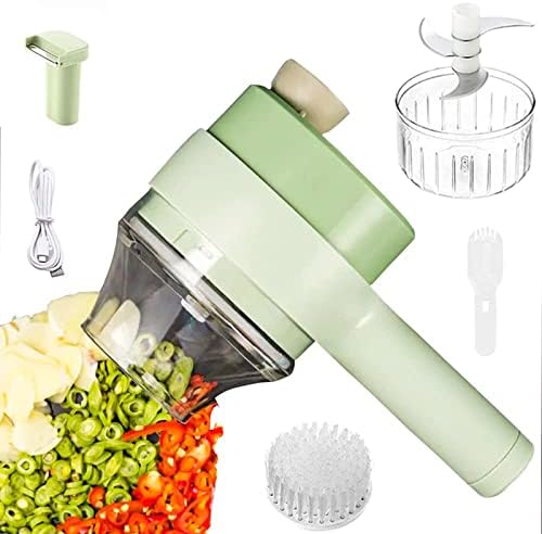 homeyuser 2022 Upgrade 4 in 1 Portable Electric Vegetable Cutter Set, Handheld Vegetable Slicer Blender, with One Button Control Food Slicer and Masher for Garlic Chilli Onion Ginger Meat, Green