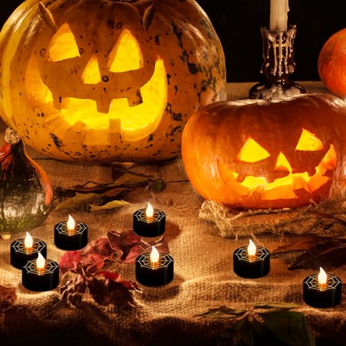 Image of Black Halloween Tea Lights Candles with 6H Timer, Flameless Candles with Spider Web Flickering, LED Candles Battery Operated 12 Pack Φ 1.5 inch H 1.4 inch for Fall Halloween Decorations