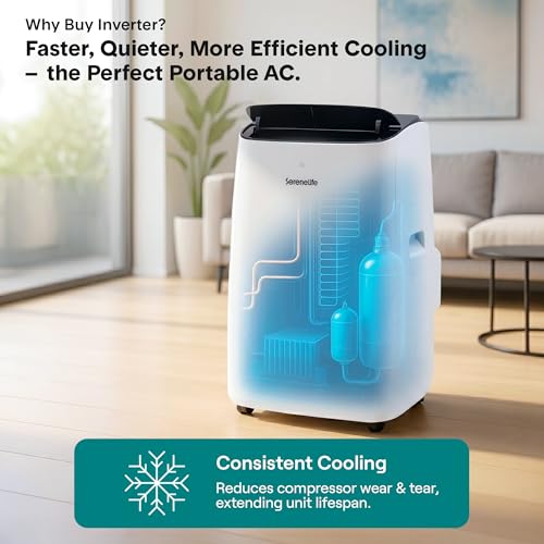 Image of SereneLife 16000 BTU Inverter Portable Air Conditioner & Heater with Wi-Fi | Portable AC Unit with Dehumidifier, Fan Modes, Dual Hose System | Compact Standing Air Conditioner with Window Kit (White)