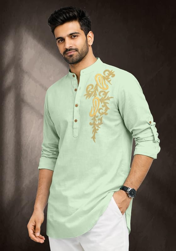 Image of Cotton Blend Self Design Printed Casual Short Kurta for Men Long Sleeve Mandarin Collar Stylish Kurta Shirt for Men