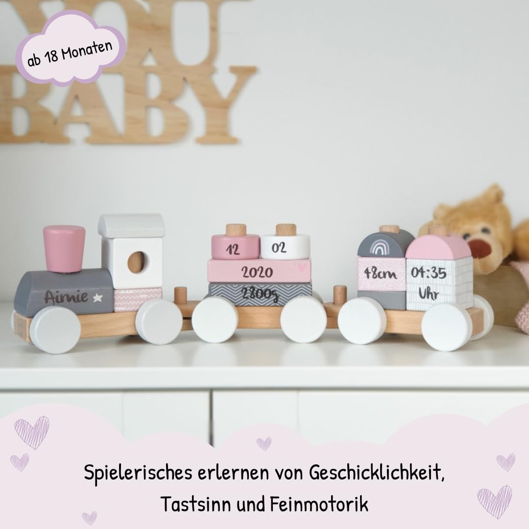 KIDSLINO Holz Eisenbahn rosa - personalisierbar I Geschenk zur Geburt Mädchen I Handmade Holzspielzeug mit Steckformen I Personalisierte Geschenke Baby I Holzzug mit Name & Geburtsdaten