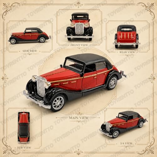Image of 1:36 Scale Vintage Classic Toy Car Pull Back Action Die Cast Metal Model Car Red Black Retro Collectible Vehicle with Opening Doors for Kids Boys Girls Gift
