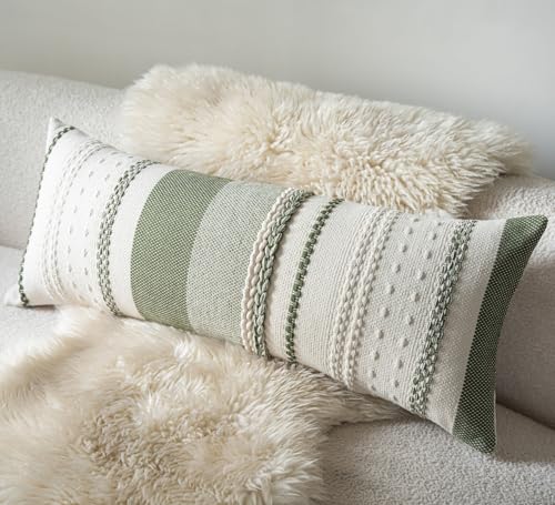 Cethom Boho Lumbar Pillow Covers 14x36 Inch Long Green Textured Decorative Couch Pillow Cases for Farmhouse Home Decor Accent Cushion Cover for Sofa Bed Living Room Bedroom Pack of 1