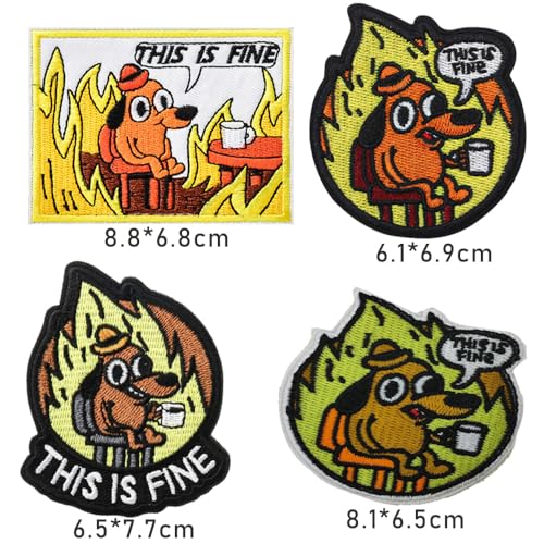 4 Stück This is Fine Dog Patches Stickerei Taktische Kreativ Hunde Emblem Bestickt Abzeichen Hook and Loop Patches Applikationen Taschen Hosen Hemden Mützen Uniformen Rucksack Kleidung Jacken