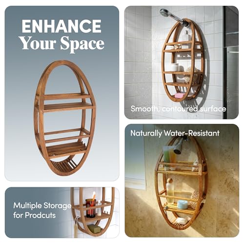 Image of AquaTeak Moa Oval Teak Shower Organizer, Hanging Caddy with Hooks