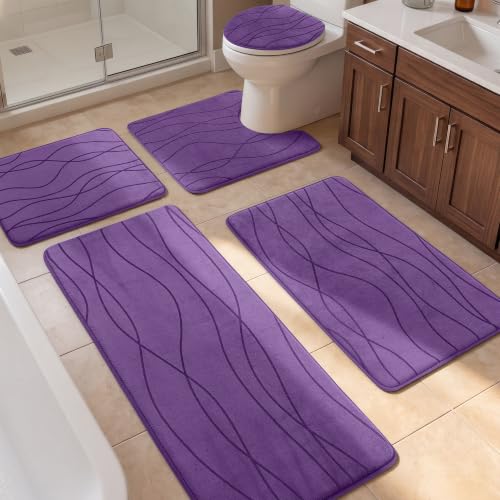 YIHOUSE Bathroom Rugs Set 5 Piece, Memory Foam Bath Mat Purple