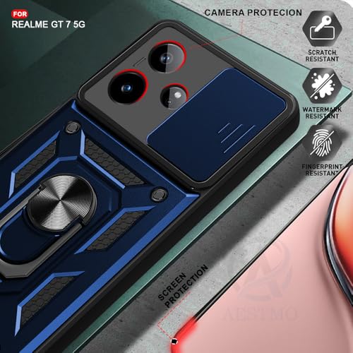 Image of AESTMO Tough Armor Realme GT 7 5G / Realme GT 7T 5G / GT 7 Dream Edition Bumper Back Case Cover | Ring Holder & Sliding Camera Shield Cover | 360 Degree Protection Back Case Cover (Blue)