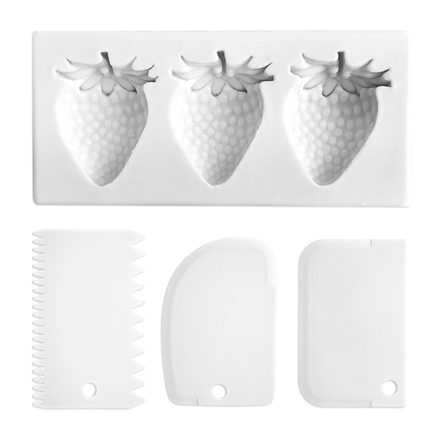 Rnskfg White 1 Mold And 3 Scrapers, Strawberry Silicone Mold, Plastic Cream Scraper, Toast Cutter, Baking Tool.