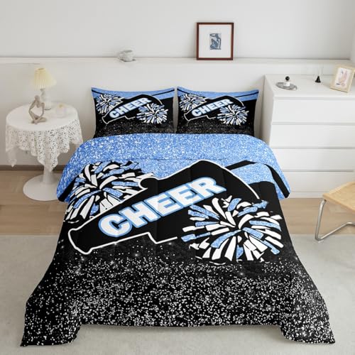Image of Feelyou Glitter Cheer Comforter Set Toddler Size Blue Dreamy Girly Gymnastic Sports Comforter for Kids Boys Girls Gymnastics Lovers Bedding Set Cheer Sports Glitter Duvet Set Room Decor Quilt