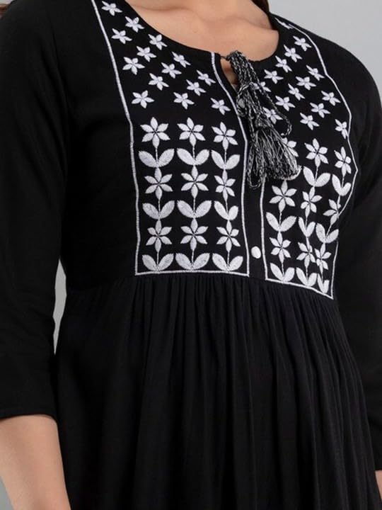 Image of Avayayat Women's Rayon Classic Heavy Embroidery Top with Beautifull Tassels at Front and on Both Sleeves Regular Fit Office Wear Festival Tunic Jeans Summer