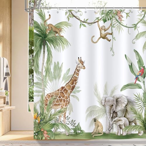 Bonhause Duschvorhang Tropischer Dschungel Tiere Palmblätter Giraffen Elefant Duschvorhänge 180 x 180 cm Anti-Schimmel Wasserdicht Polyester Stoff Waschbar Bad Vorhäng für Badzimmer mit 12 Haken