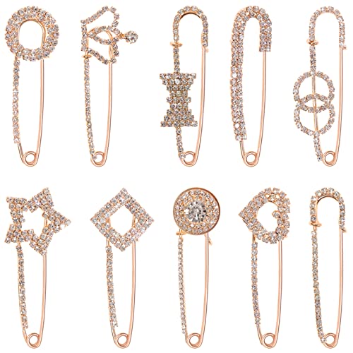 10 Pieces Diamond Scarf Brooch Pin Assorted Muslim Scarf Hijab Clips Small Brooch Set Metal Clips for Headscarf Shawl Muslim Women Scarves Hijab Safety Shawl Brooch Pins for Women Men Kids