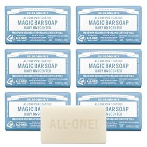 Dr. Bronner’s Pure-Castile Magic Bar Soap (Baby Unscented, 5 oz, 6-Pack) – Made with Regenerative Organic Certified Oils, For Face, Body & Hair, Gentle for Sensitive Skin – Vegan, Non-GMO