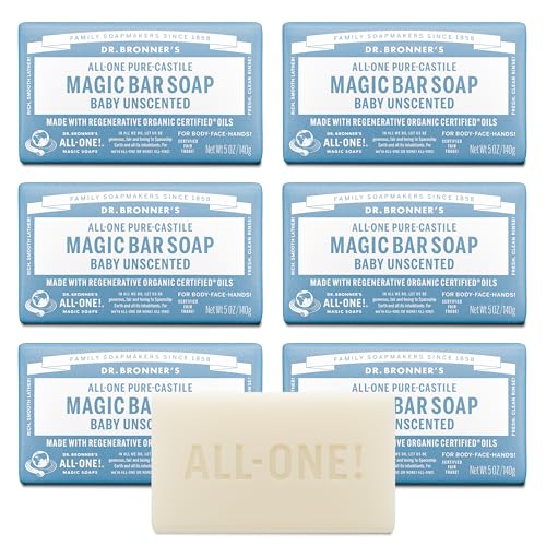 Dr. Bronner's Pure-Castile Magic Bar Soap (Baby Unscented, 5 oz, 6-Pack) - Made with Regenerative Organic Certified Oils, For Face, Body & Hair, Gentle for Sensitive Skin - Vegan, Non-GMO