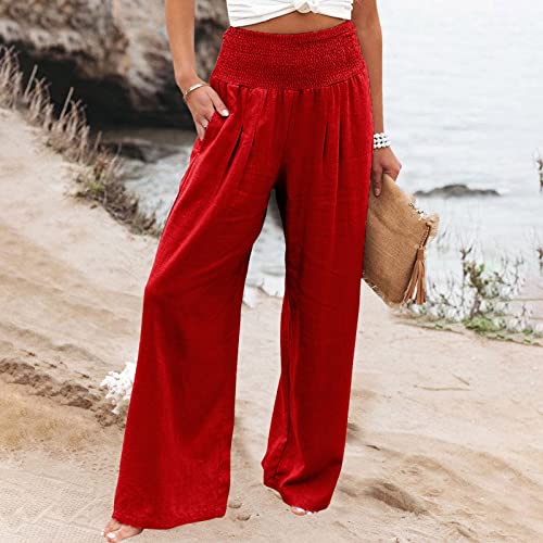 Oiumov Linen Trousers For Women Summer Straight Leg Sweatpants For Women Loose Fit Palazzo Pants Wide Leg Pants For Women Elastic Waist Yoga Pants Women Lounge Pants #TOP1