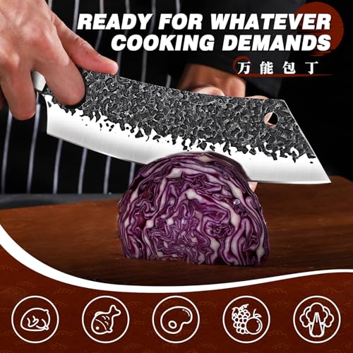 Image of Huusk Butcher Knives for Meat, Hand Forged Carbon Steel Viking Kitchen Knife Set with Roll Bag, Meat Cleaver Chef Knife Sets for Cooking Camping BBQ, Gift for Men Husband