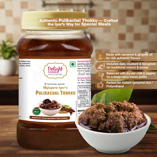 Image of Delight Foods Mylapore Iyer's Pulikachal Thokku 800g | Traditional Tamil Nadu Rice Mix | Made with Pure Gingelly /Sesame Oil | Homemade Style Pickle | No Preservatives