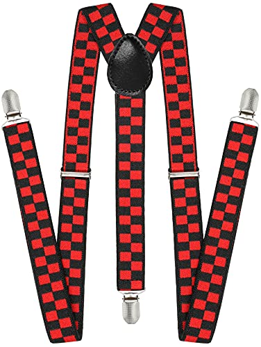 trilece Suspenders for Men, Mens Suspenders, Suspenders Women - Adjustable Size 1 Inch Y Back Suspenders, Checkered (Red-black), One size