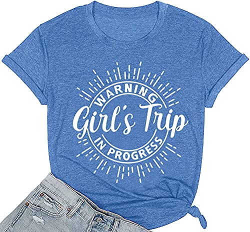 Image of Women's Casual Warning Girls Trip in Progress T-Shirt Casual Crewneck Short Sleeve Graphic Tee