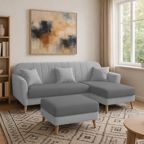 Image of Atticus RHS 4 Seater L Shape Sofa Set with Ottoman for Living Room (Dark Grey & Grey Fabric) Premium Fabric Sofa Set