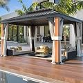 YOLENY 12' x 16' Hardtop Gazebo Ultra-Thick Columns and Beams with Wood Grain Aluminum Frame, Dual Material Double Roof, Outdoor Gazebo Pergolas with Netting and Curtains for Deck, Backyard and Patio