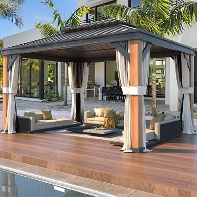YOLENY 12' x 16' Hardtop Gazebo Ultra-Thick Columns and Beams with Wood Grain Aluminum Frame, Dual Material Double Roof, Outdoor Gazebo Pergolas with Netting and Curtains for Deck, Backyard and Patio