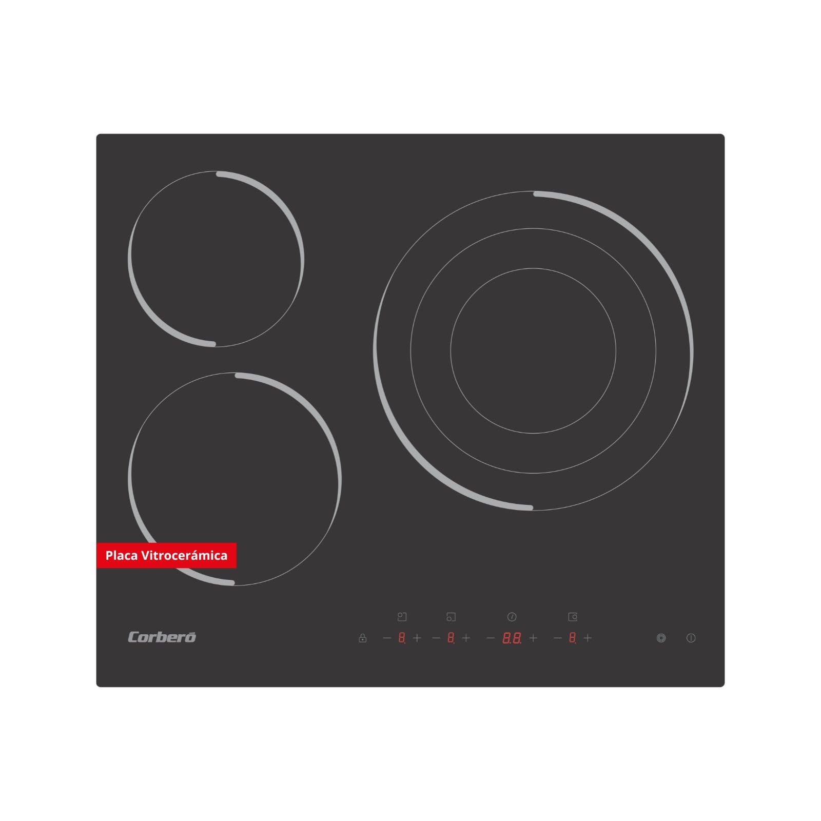 Corberó - Placa Vitrocerámica | CCVM3574 | 3 Zonas | Potencia 5700W | Control Touch | Zona Grande 30cm | Temporizador 99 Min | 9 Niveles Potencia | Desconexión Automática | Negro