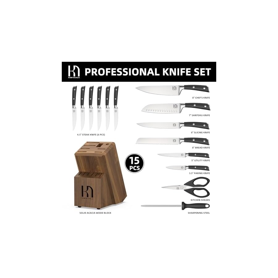 2023-Upgraded-KnifeSaga-Knife-Set-15-Piece-Japanese-High-Carbon-Stainless-Steel-Kitchen-Knife-Sets-with-Block-and-Sharpener-Razor-Sharp-Black-Chef-Knives-Set-Kitchen-Decor-Gadgets-with-Storage-Block Knife Set 15 Pcs Japanese High Carbon Stainless Steel Kitchen Knife Sets with Block and Sharpener, Premium Razor Sharp Black Knives Block Set for Kitchen with Ergonomic Full-tang Handle