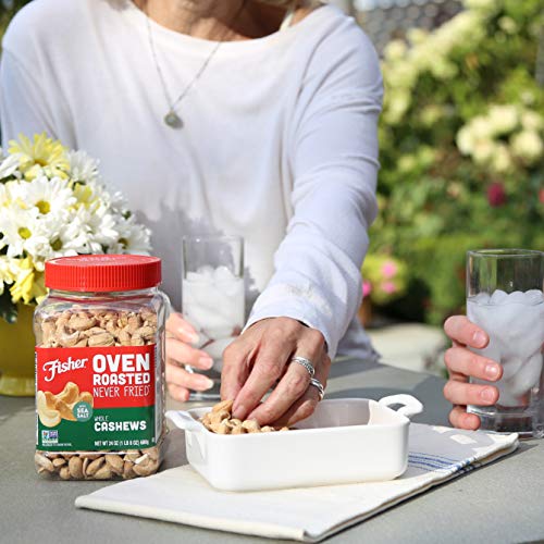 Image of Fisher Oven Roasted Never Fried Whole Cashews, 24 Ounces, Snacks for Adults, Made With Sea Salt, No Added Oils, Artificial Ingredients or Preservatives, Gluten Free, Vegan Protein, Bulk (Pack of 2)