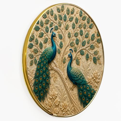 Image of PAINTINGMANTRA Peacock Pair Vastu Framed Wall Art Painting For Living Room| Elegant Peacock Poster with Round Frame for Wall, Decoration item for bedroom & Home, 12 Inch
